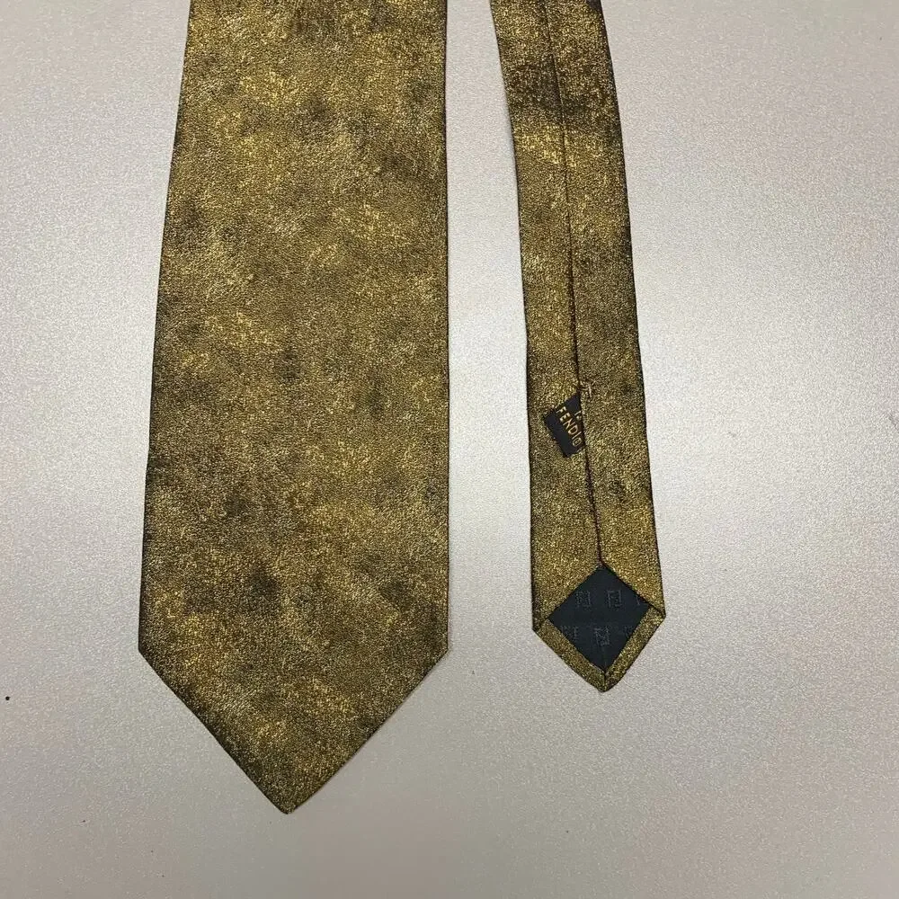 FENDI Gold Khaki Stripe Silk Tie